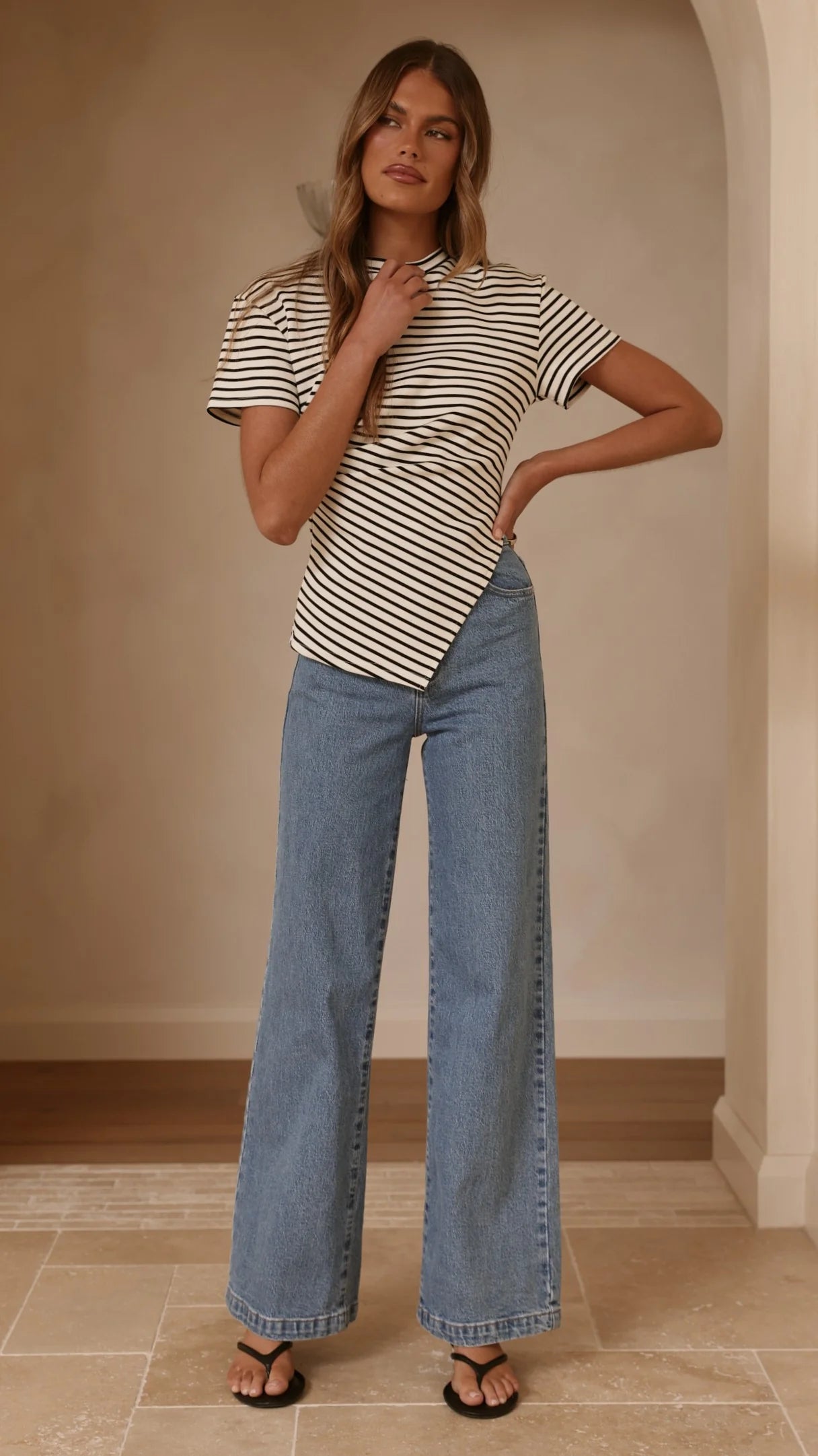 Tiarna Side Ruched Tee Black White Stripe