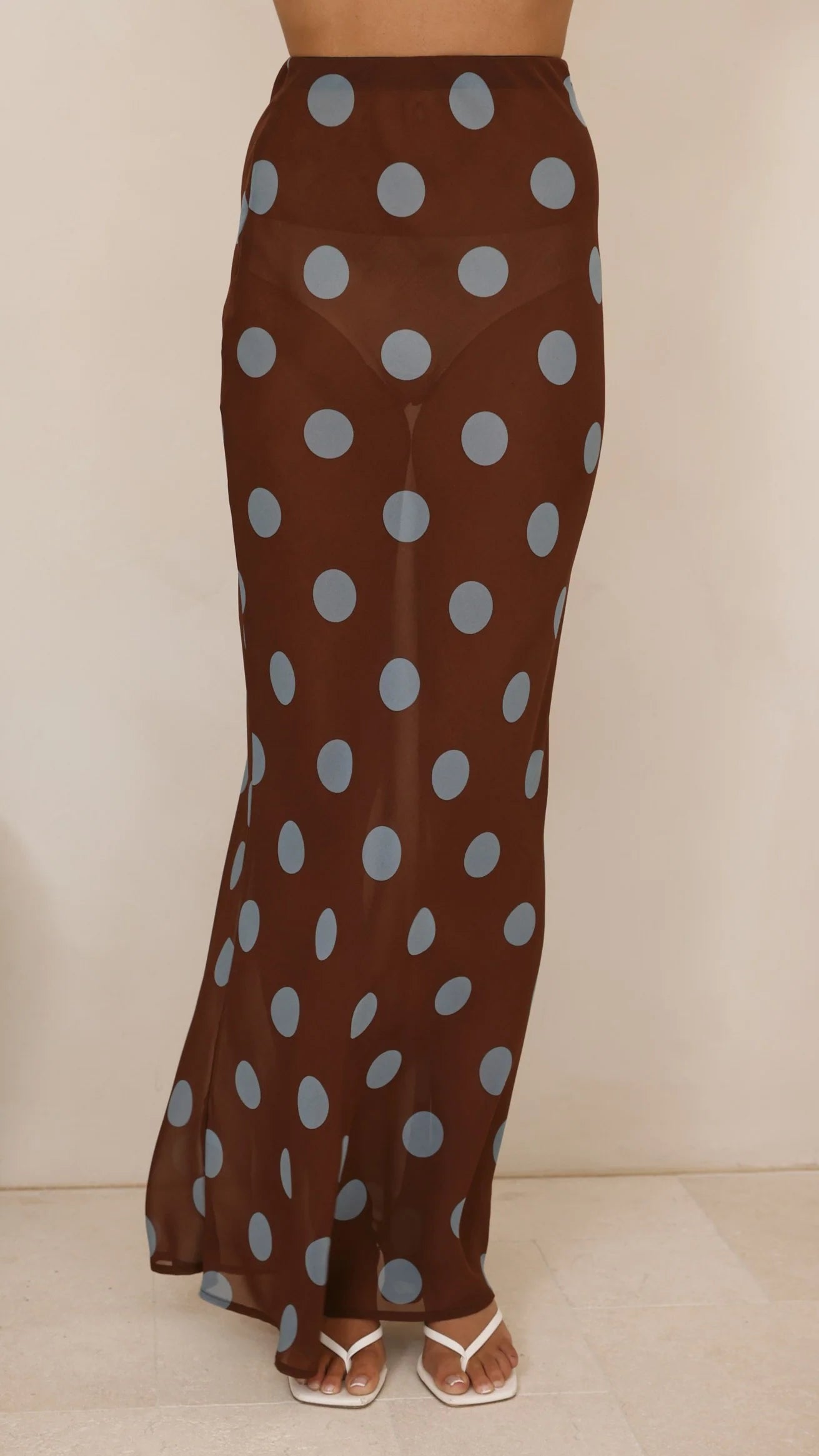 Yumi Oversized Tee and Sheer Skirt Set White Brown Blue Polka