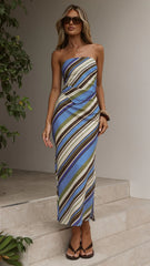 Saranya Scarf Top and Maxi Skirt Set Blue Khaki Stripe