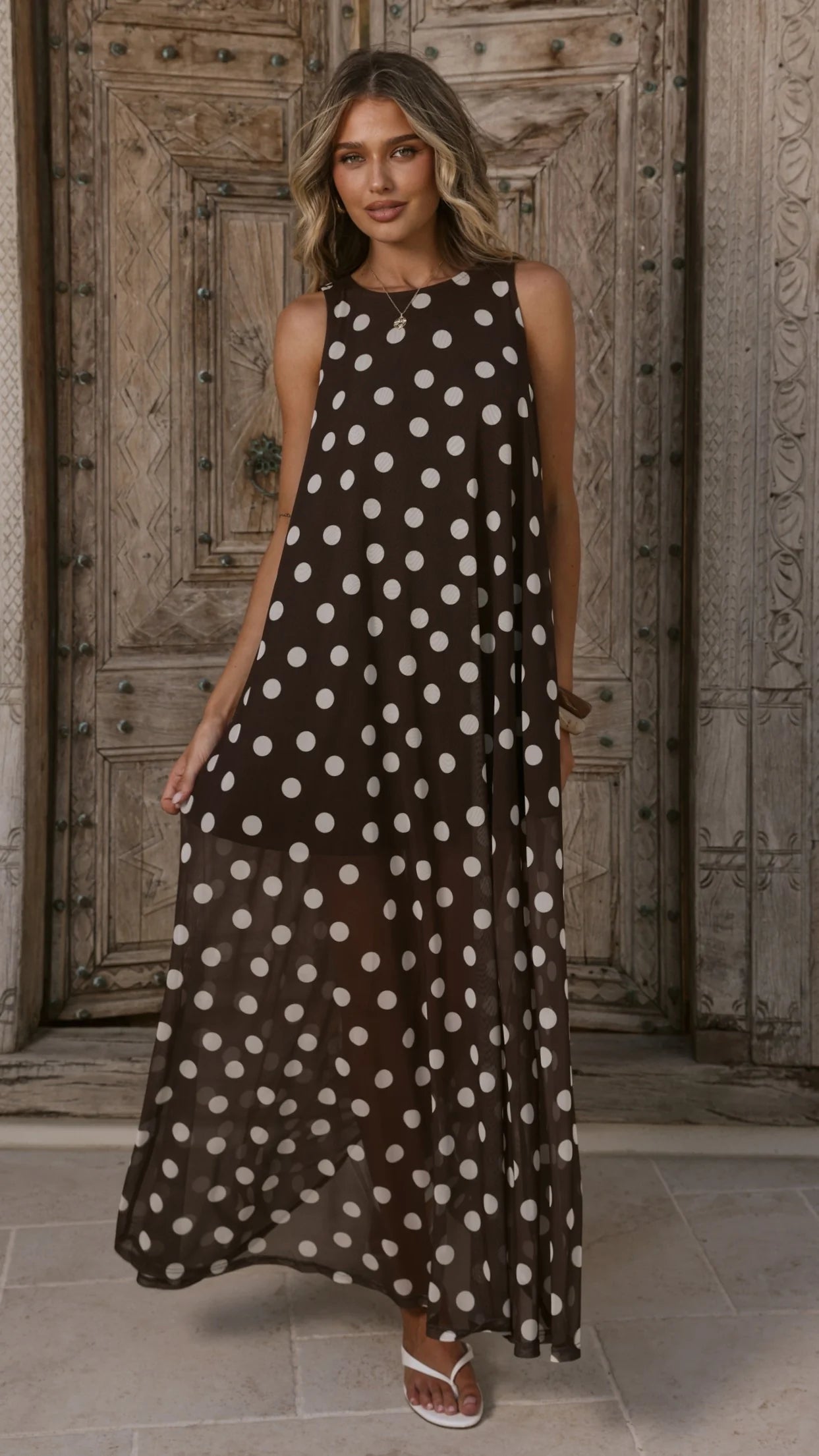 Amryn Maxi Dress Choc White Polka Dot