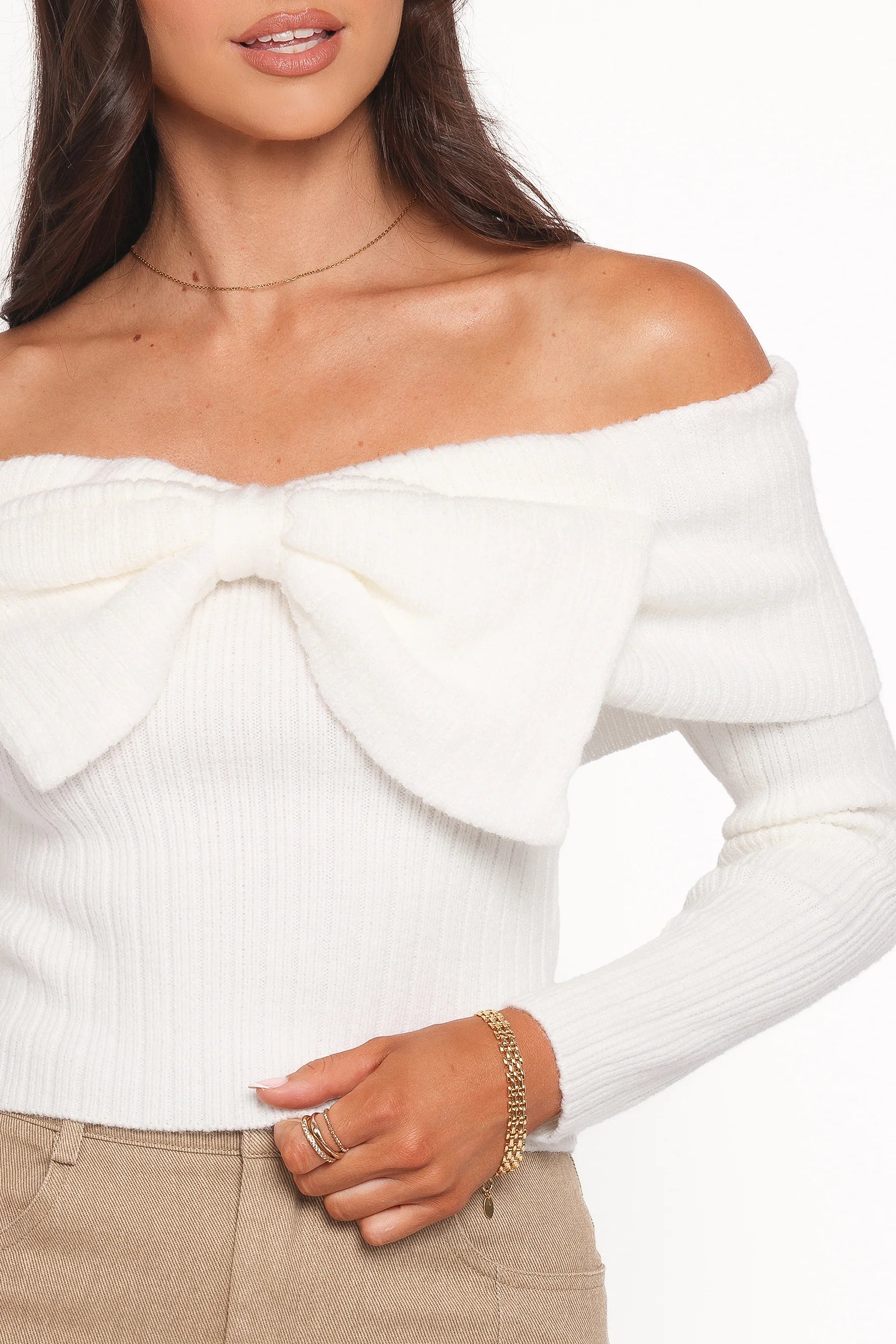 Helene Bow Off Shoulder Knit Sweater Ivory
