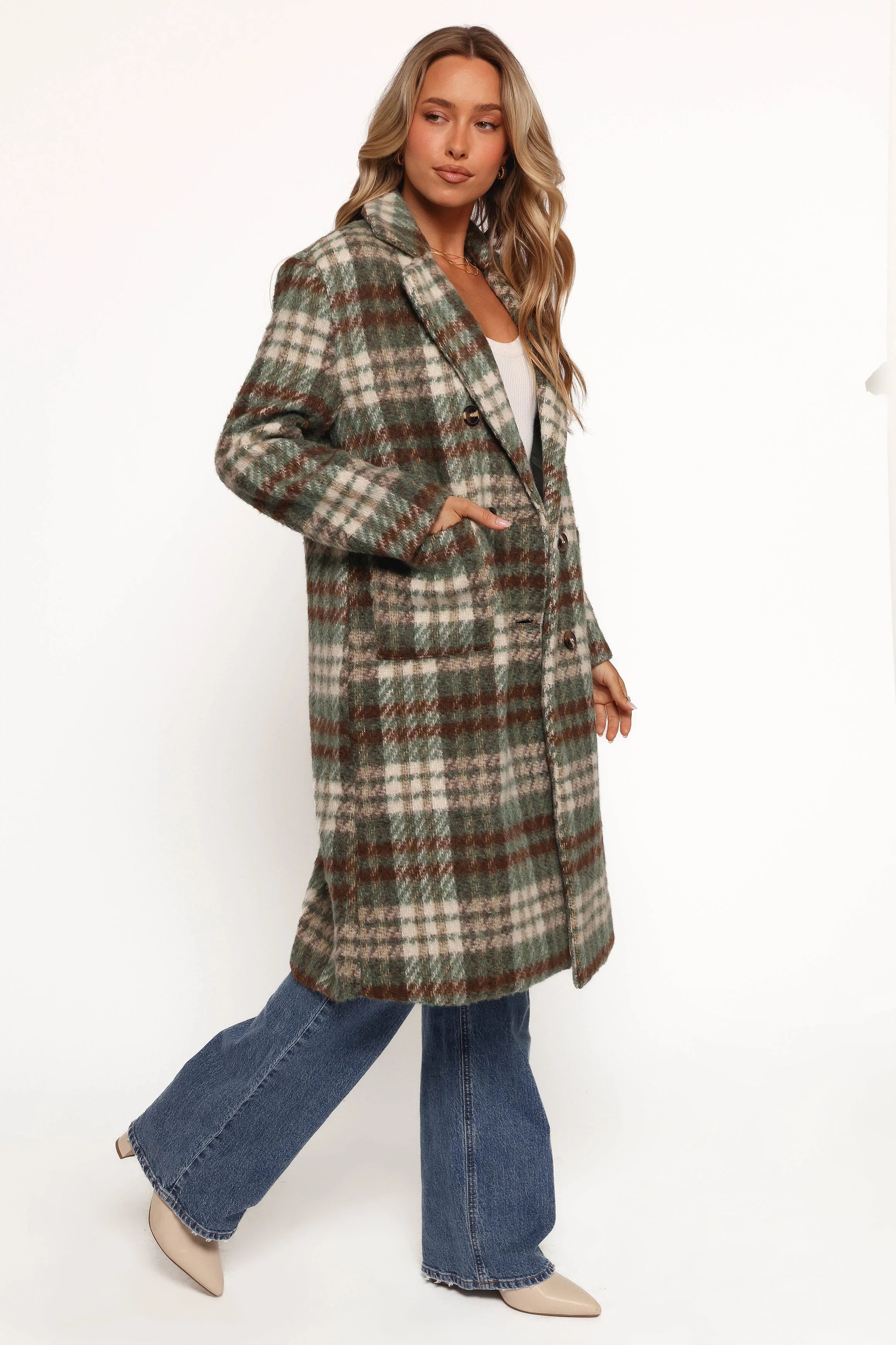 Anika Plaid Long Coat Green Brown