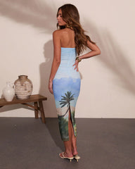 Delora Printed Mesh Strapless Midi Dress