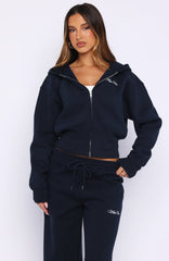 Wishing For It Cropped Cinched Zip Front Hoodie Navy