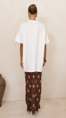 Yumi Oversized Tee and Sheer Skirt Set White Brown Blue Polka