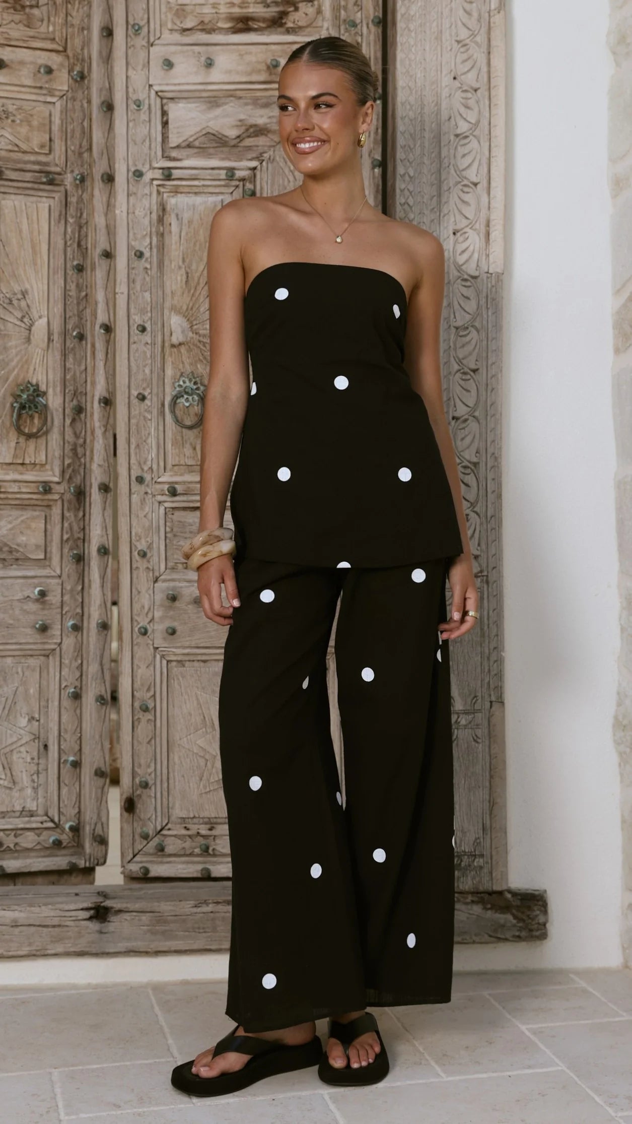 Kailani Strapless Top and Pants Set Black White Polka