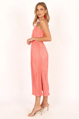 Pontee One Shoulder Pleated Midi Dress Coral