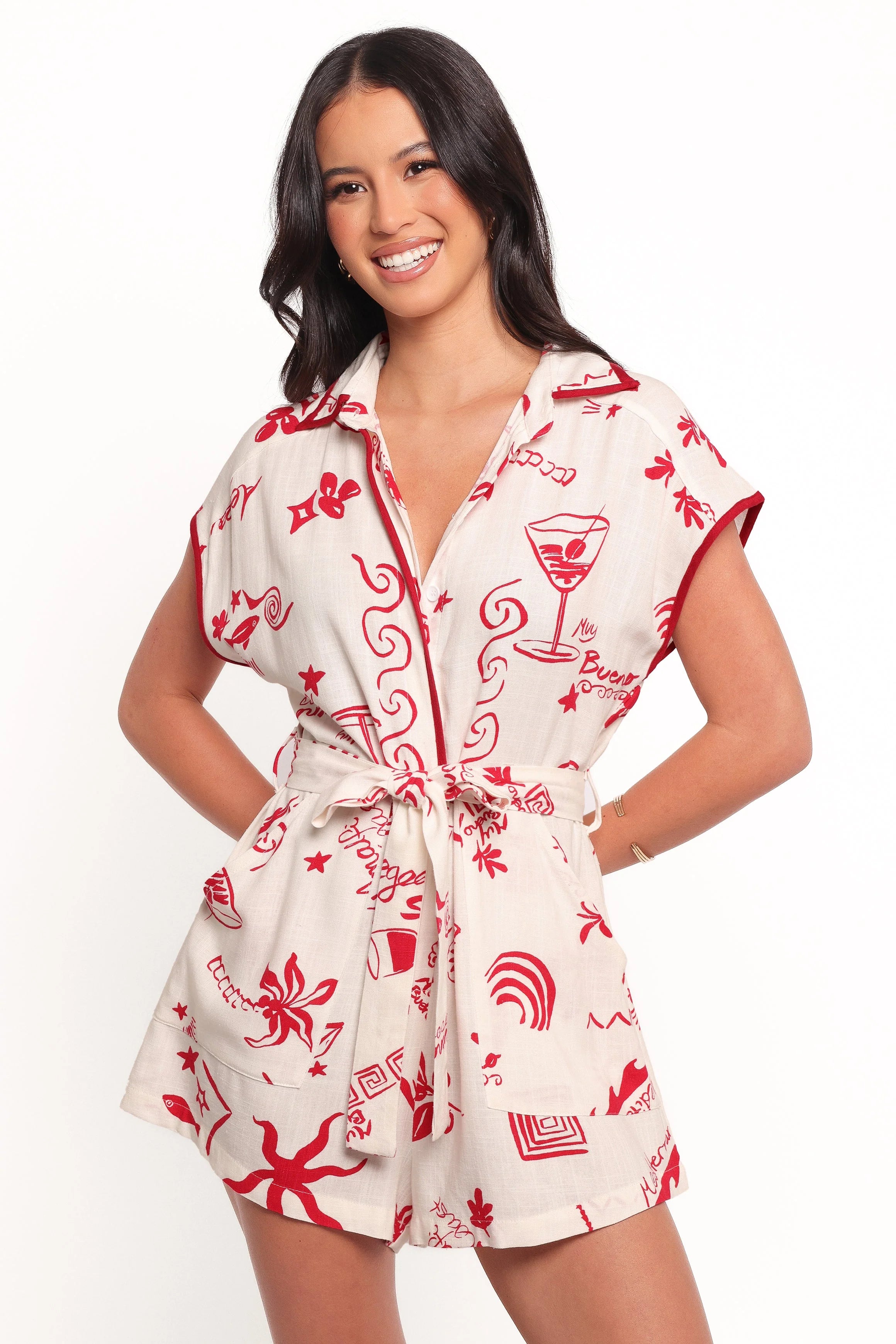 Kensie Tie Waist Romper Red
