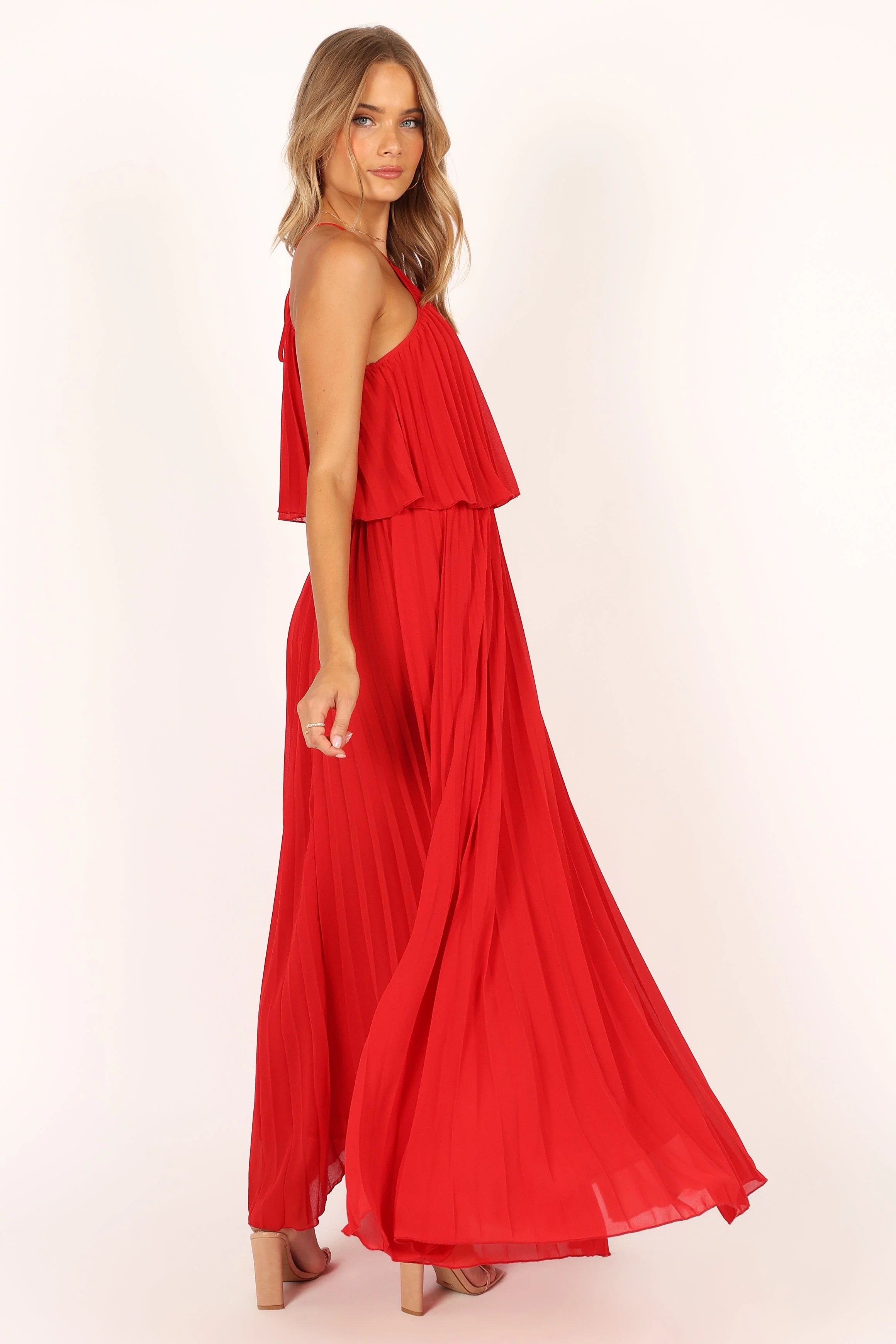 Gia Pleated Halterneck Maxi Dress Red