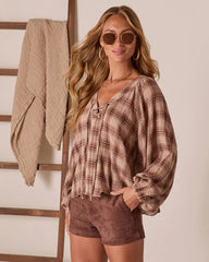 Pecan Bliss Plaid Lace Up Peasant Top