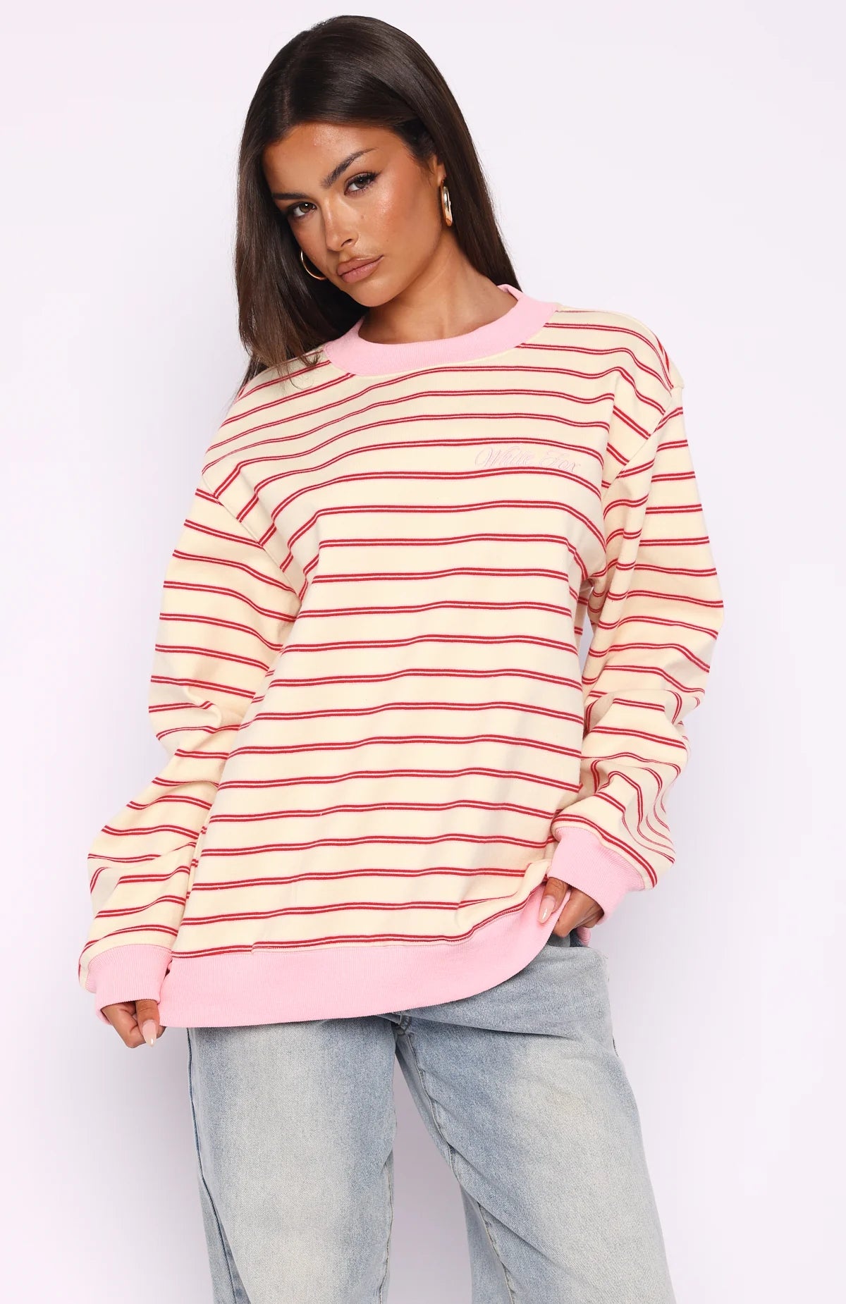 Happy Go Lucky Oversized Sweater Cream Red Stripe