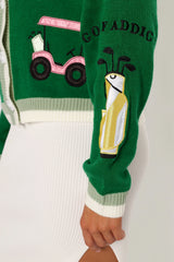 Golf Embroidered Patch Button Front Cardigan Field Green