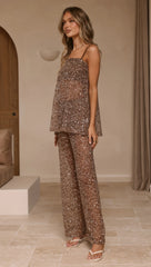 Zarina Sequin Long Line Top and Pants Set Mocha