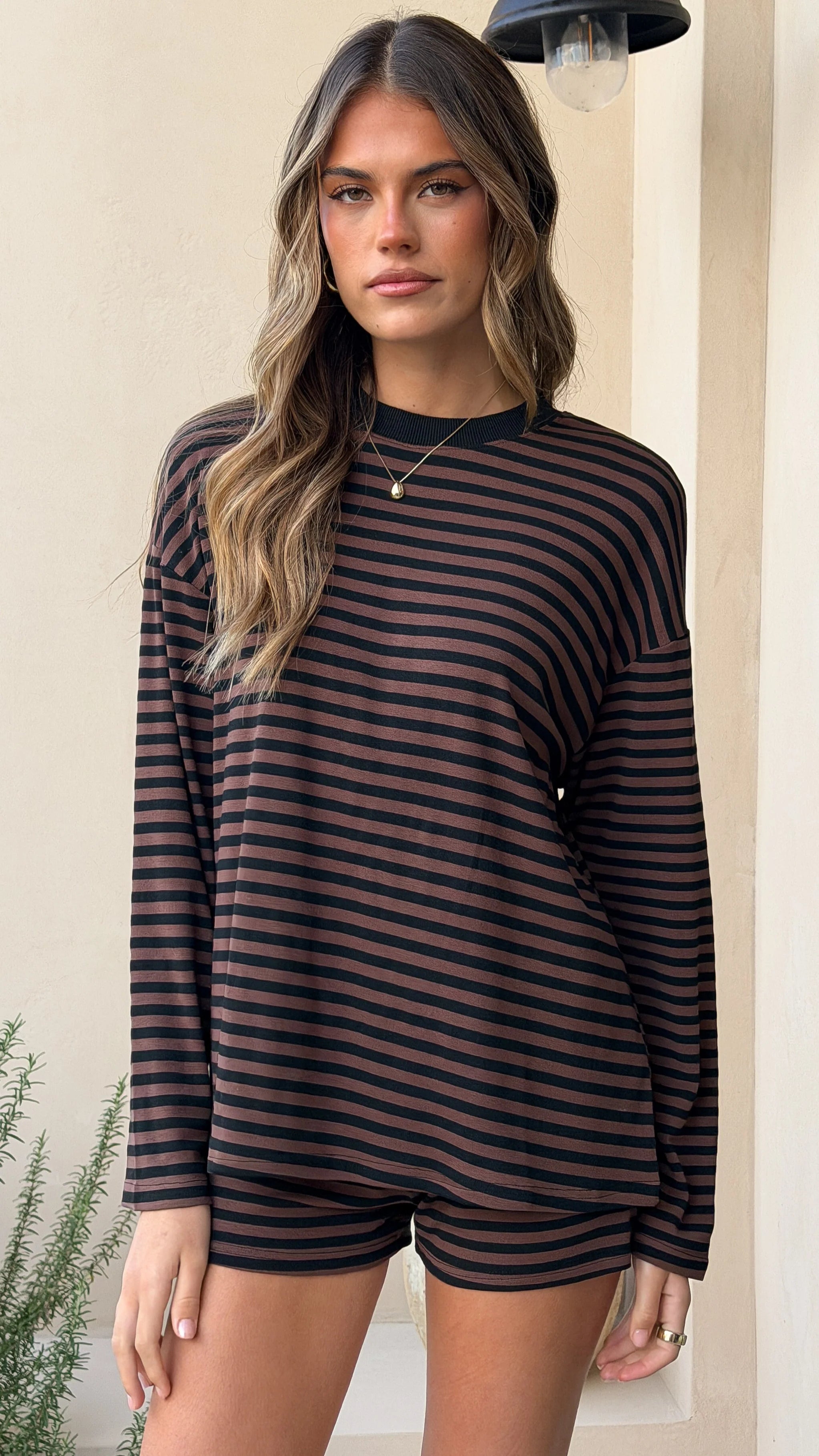 Flossie Long Sleeve Top and Shorts Set Choc Black Stripe