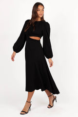 Ginnee Puff Sleeve Cutout Midi Dress Black