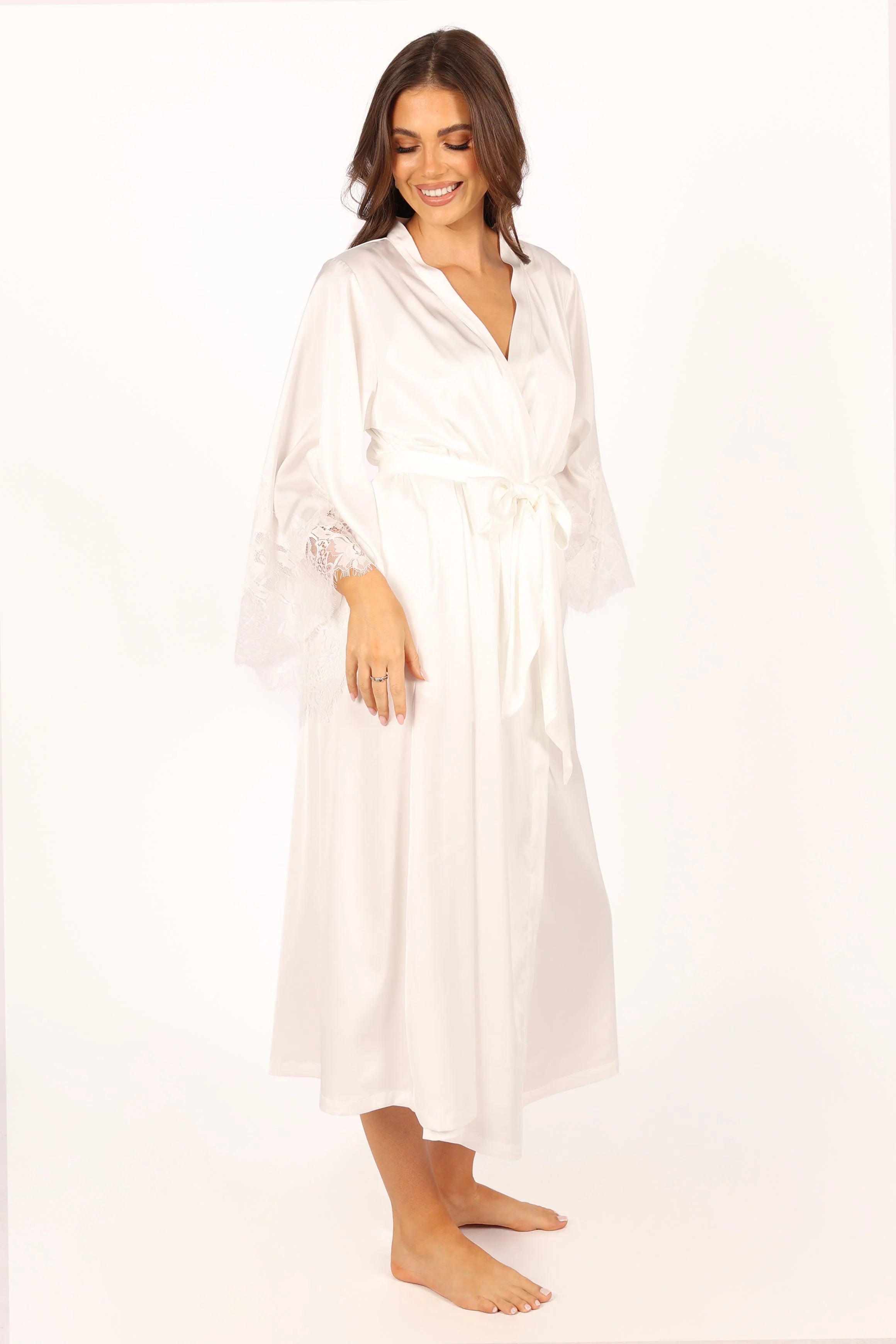 Darani Full Length Lace Trim Robe Ivory