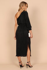 Pontee One Shoulder Pleated Midi Dress Black