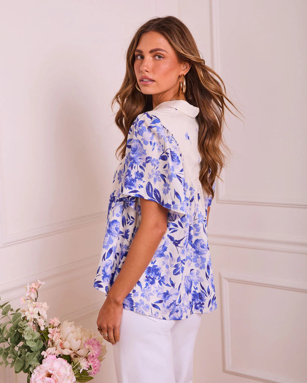 Ulla Floral Contrast Bib Button Down Top