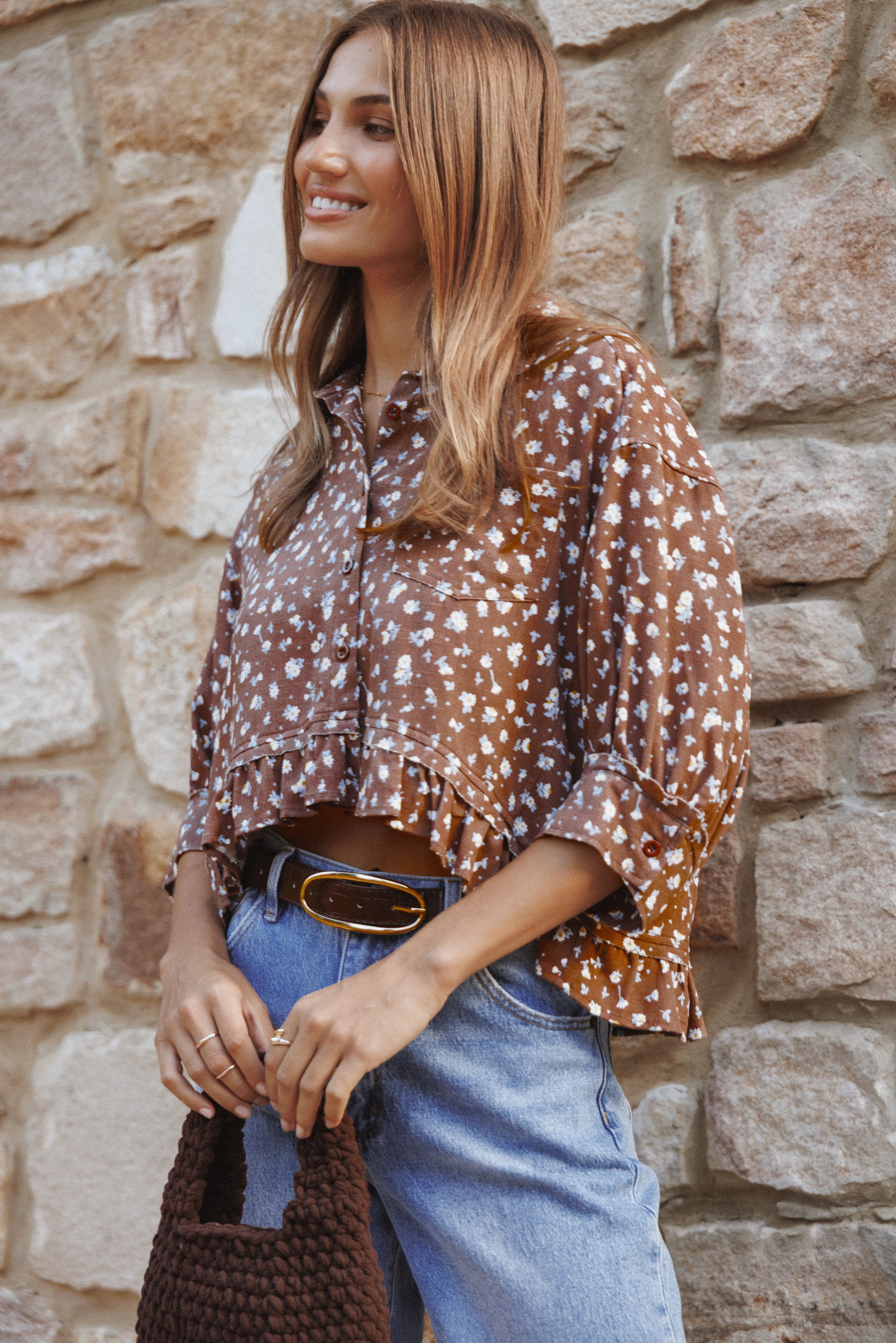 Ashe Cropped Button Up Top Brown Floral