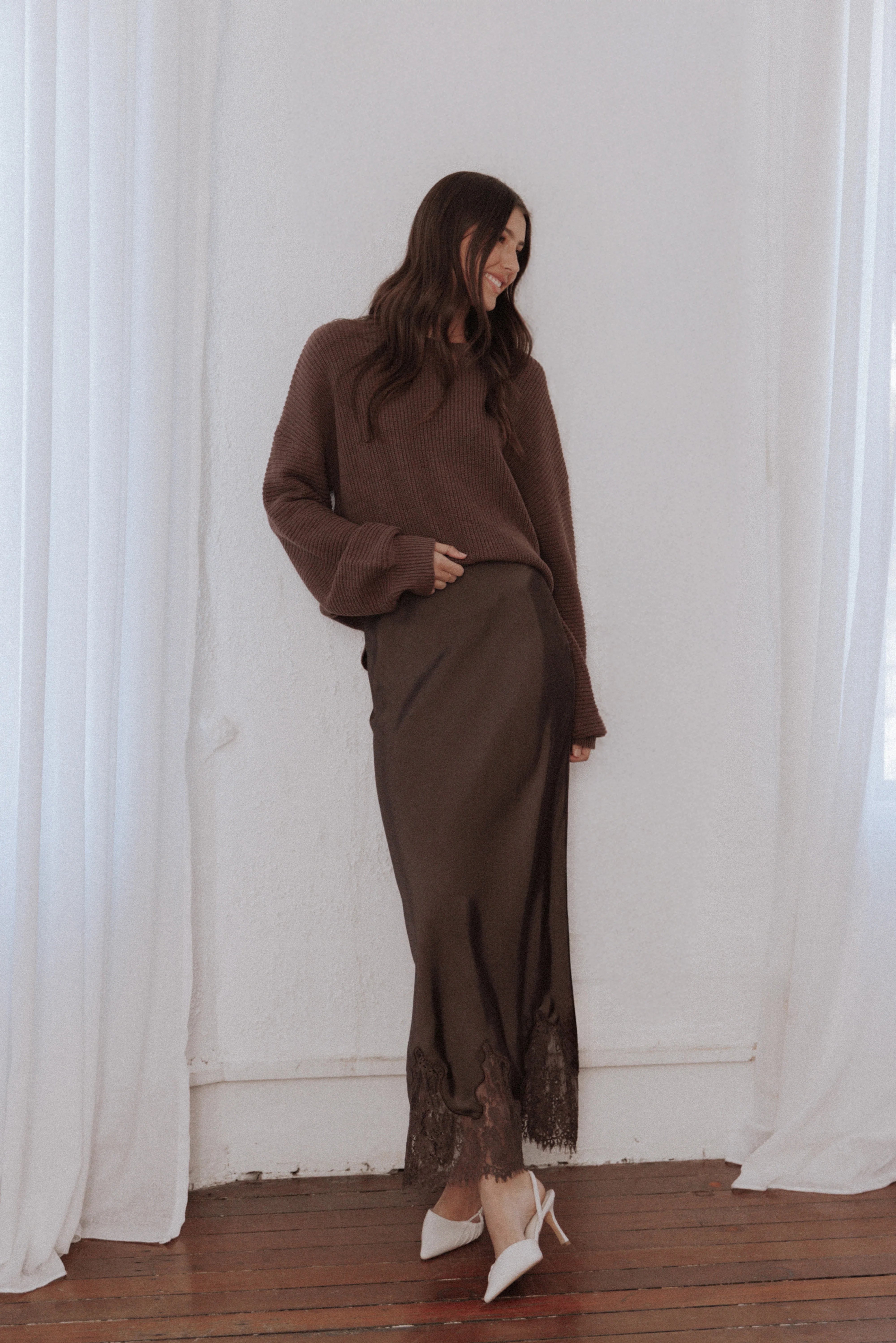 Alira Lace Trim Midi Skirt Brown