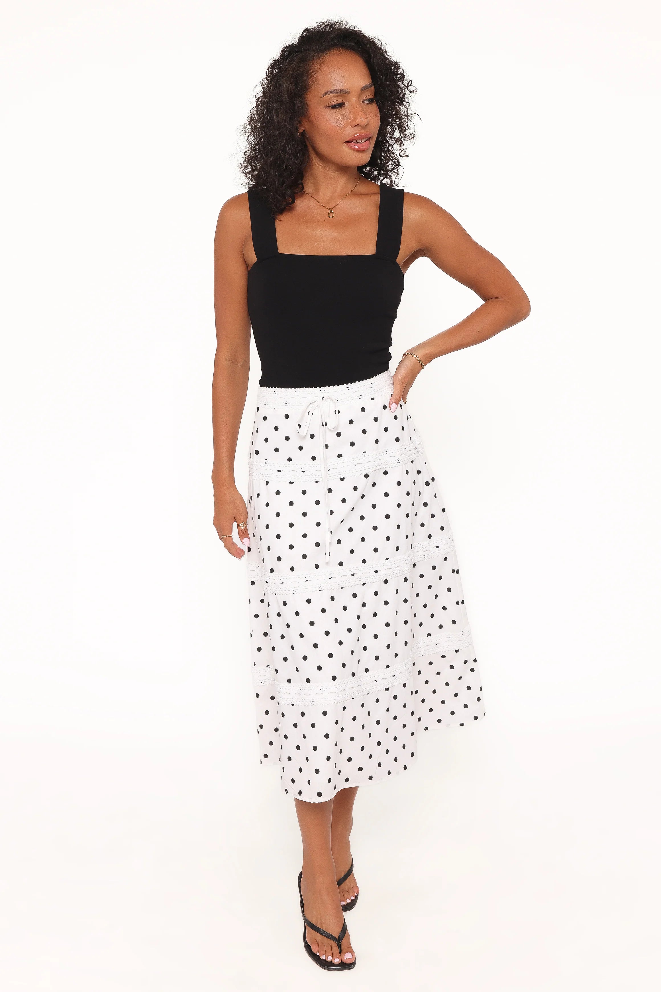 Lucia Tiered Midi Skirt White Polka Dot