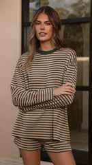 Flossie Long Sleeve Top and Shorts Set Beige Green Stripe