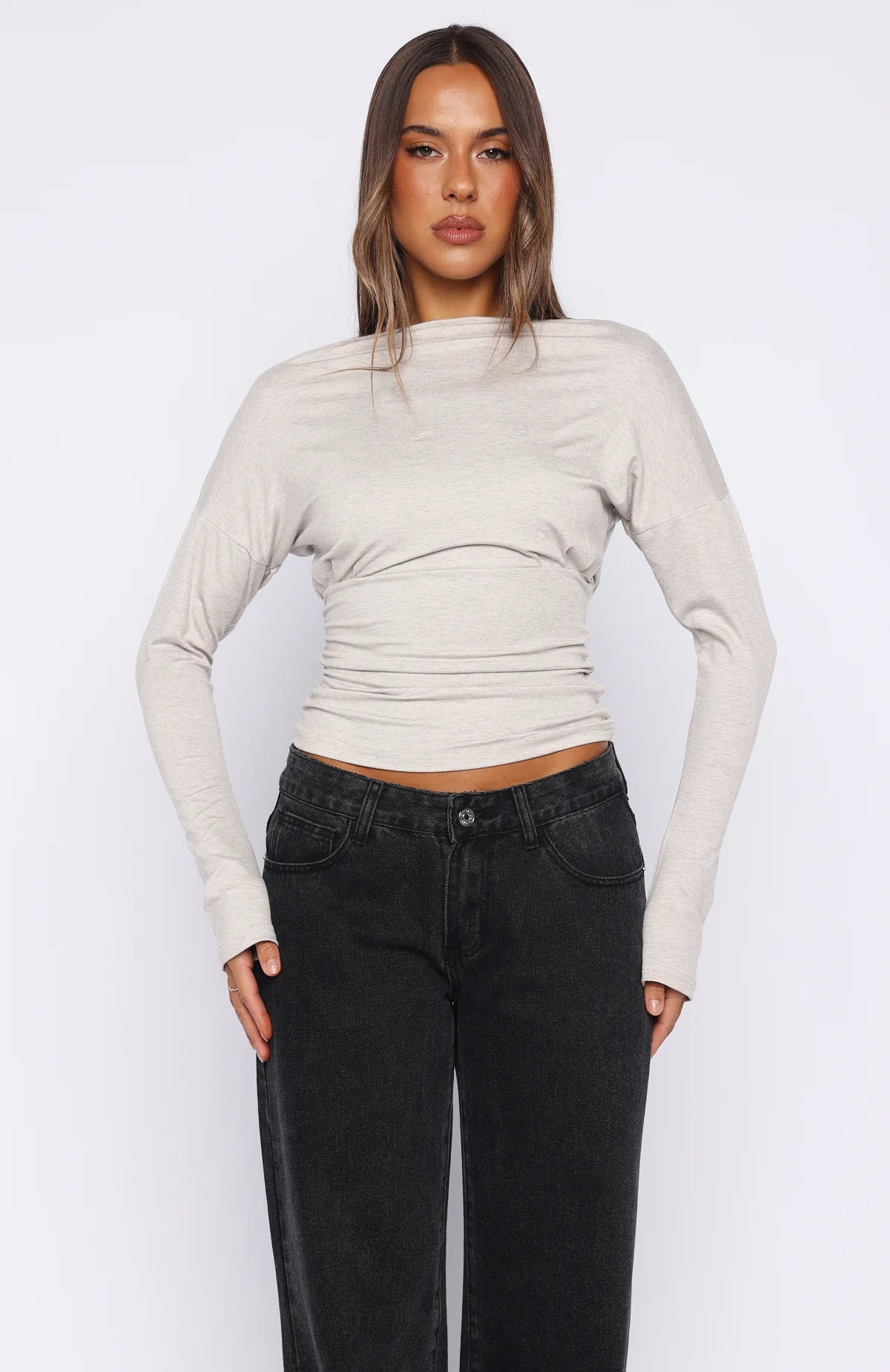 Another Time Cinched Waist Long Sleeve Top Light Grey Marle