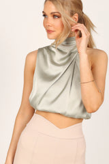 Arabella High Neck Drape Satin Top Olive