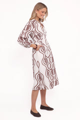 Lira Long Sleeve Midi Dress Brown Print