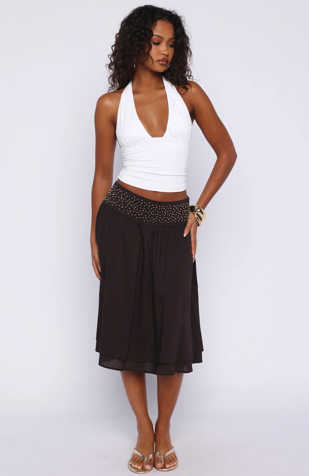 Heavenly Verse Studded Midi Skirt Espresso