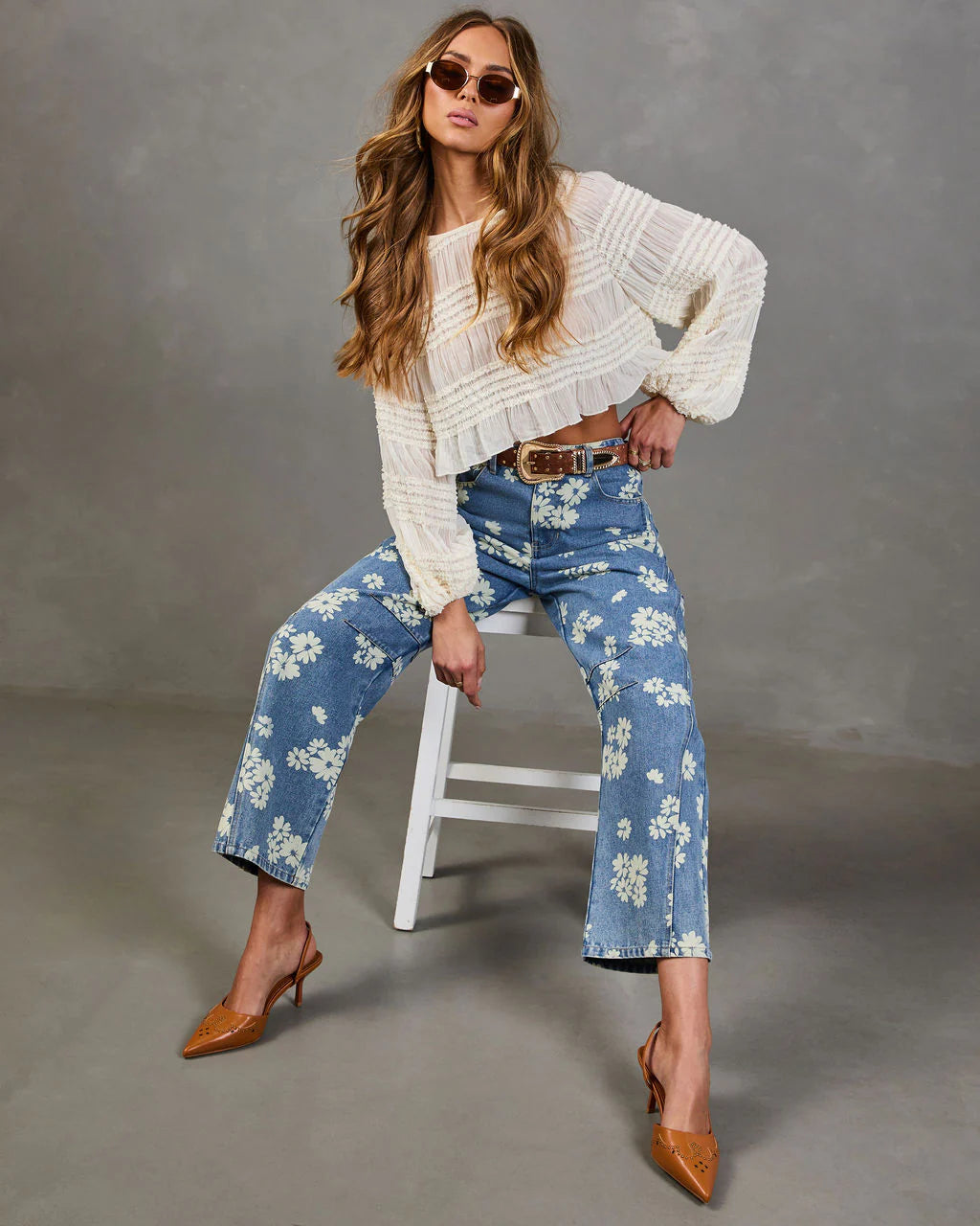 Daisy Ridge Rigid Barrel Leg Mid Rise Floral Jeans