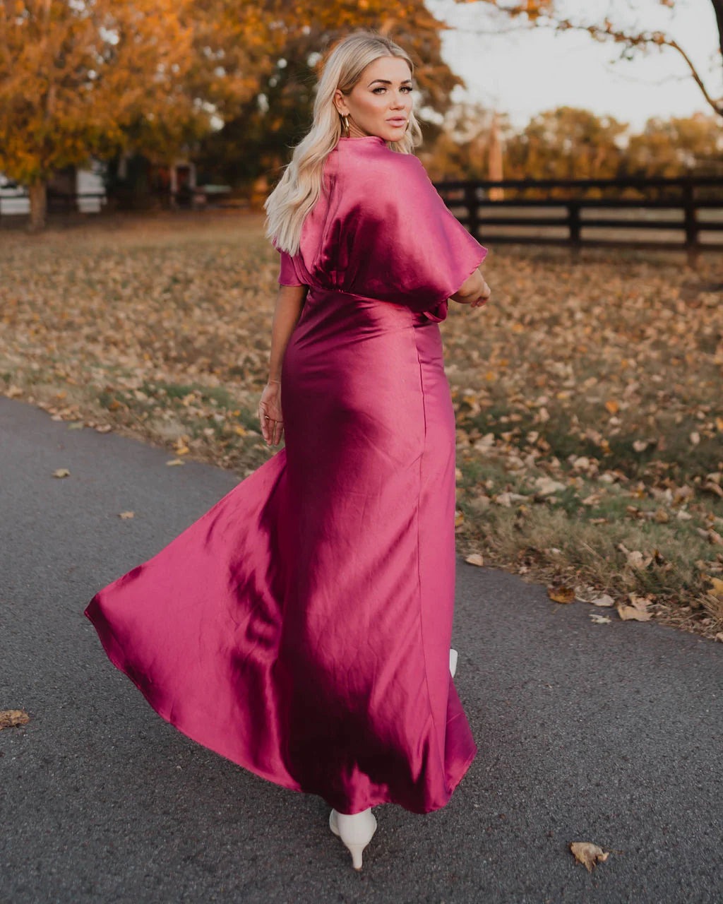 Theia Satin V Neck Maxi Dress