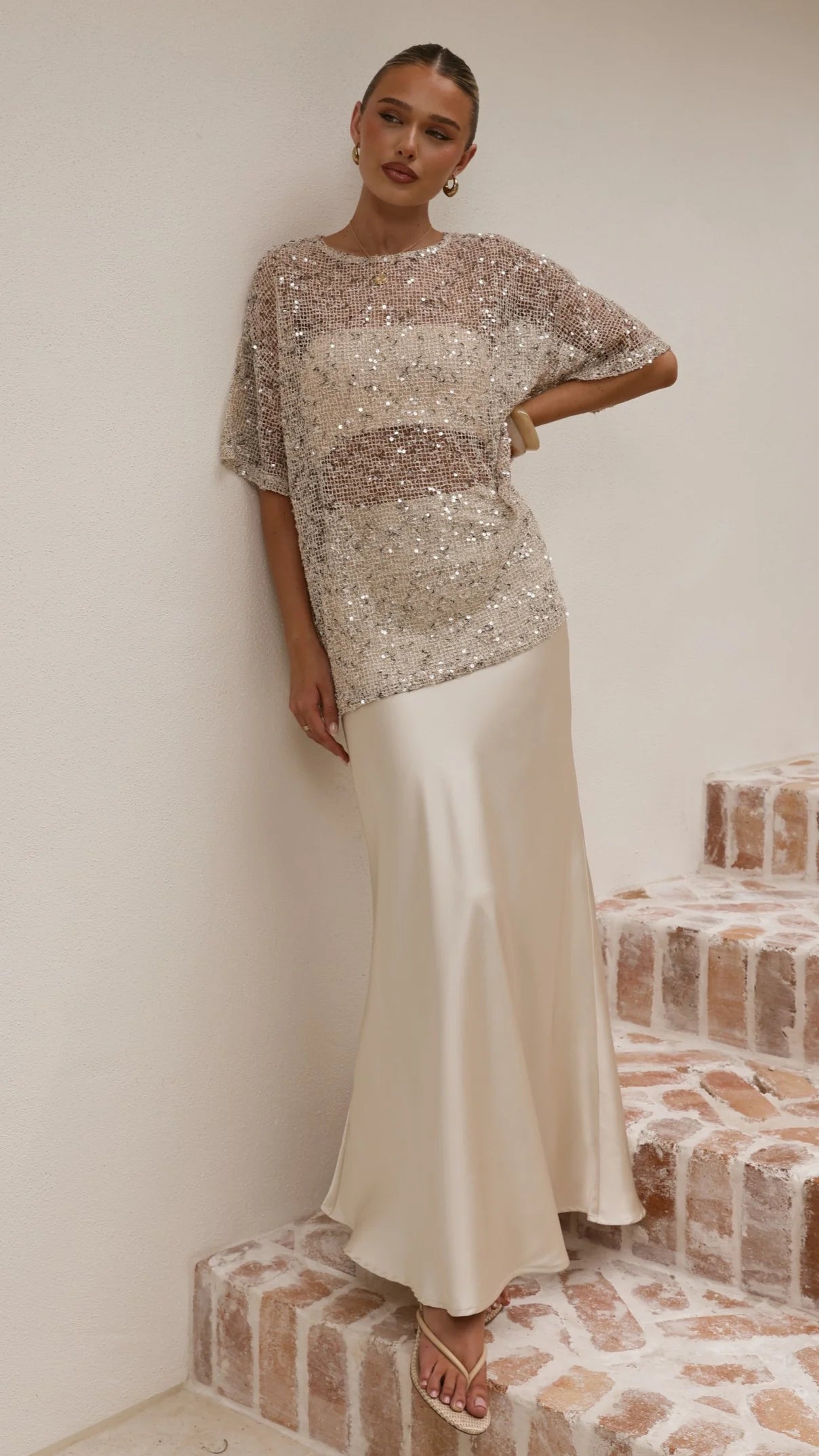 Zinnia Oversized Sequins Tee Beige