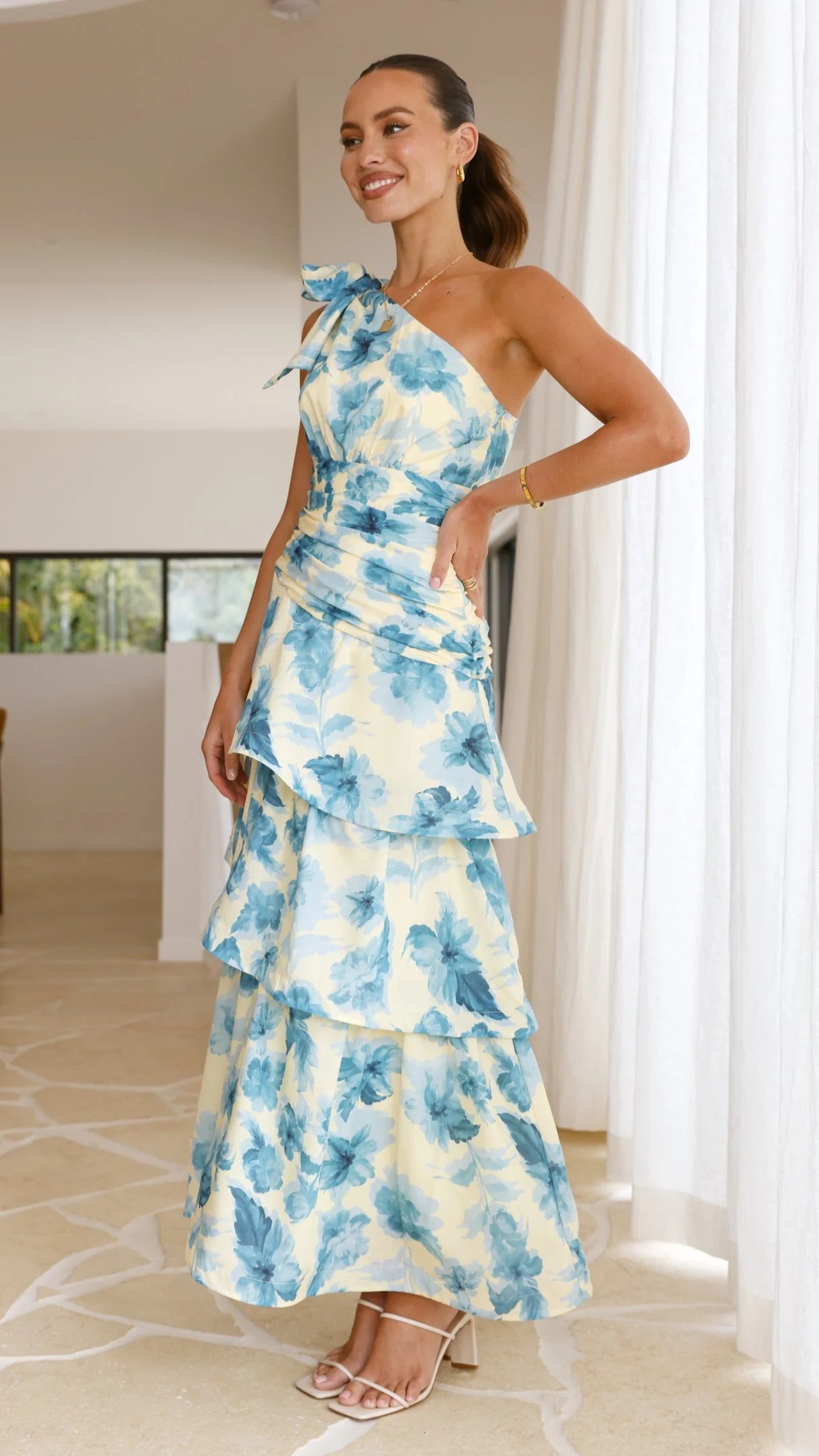 Odilie One Shoulder Maxi Dress Yellow Blue Floral