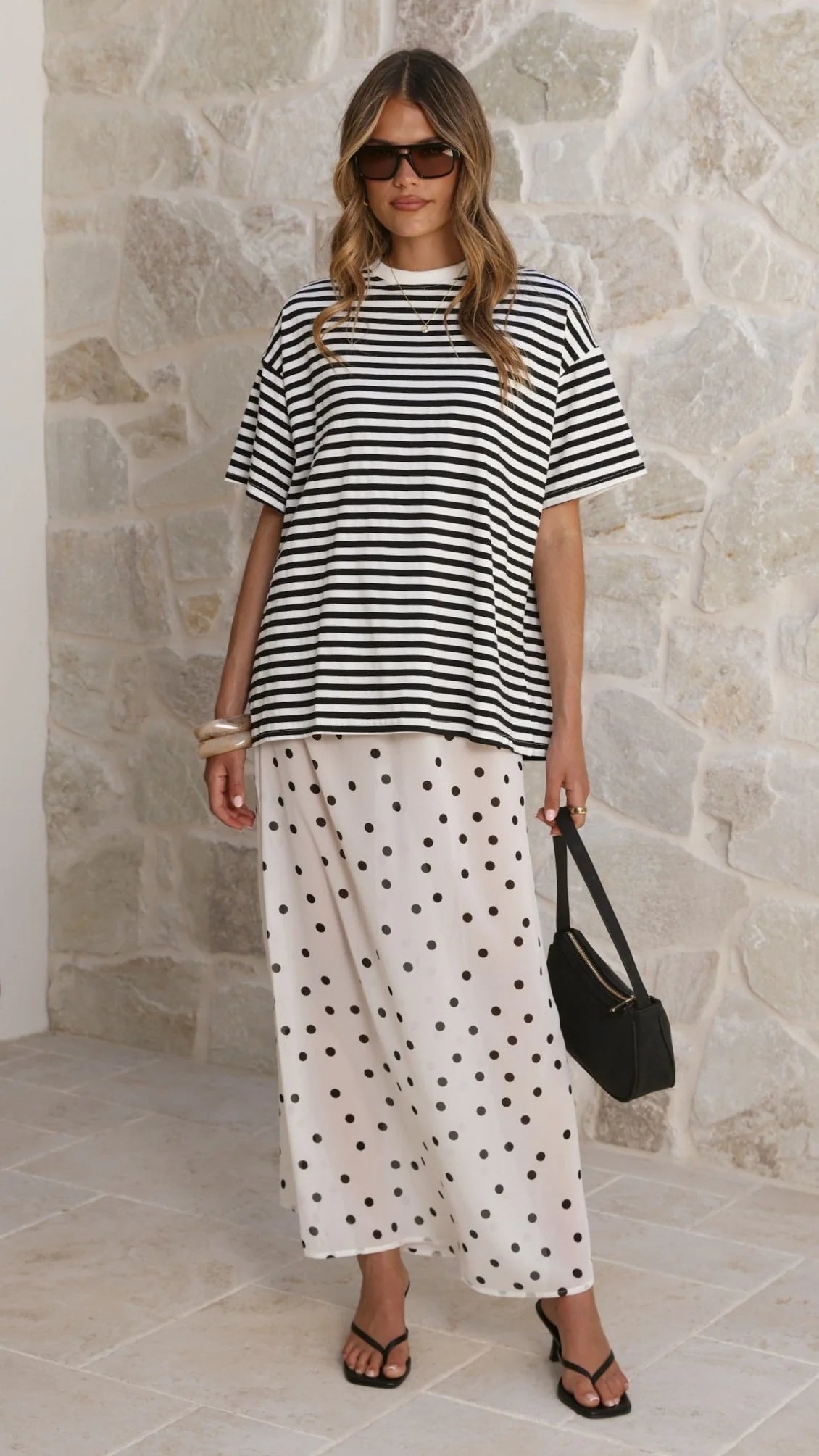 Elisha T Shirt and Sheer Maxi Skirt Set Black White Stripe and Polka Dot