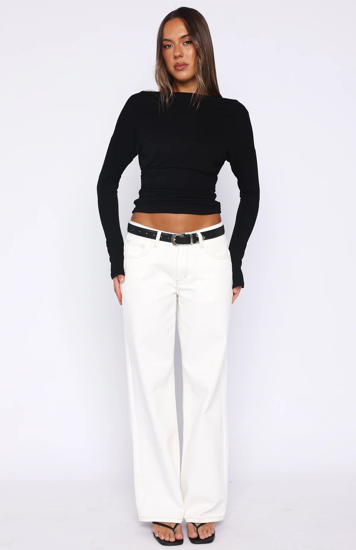 Another Time Cinched Waist Long Sleeve Top Black