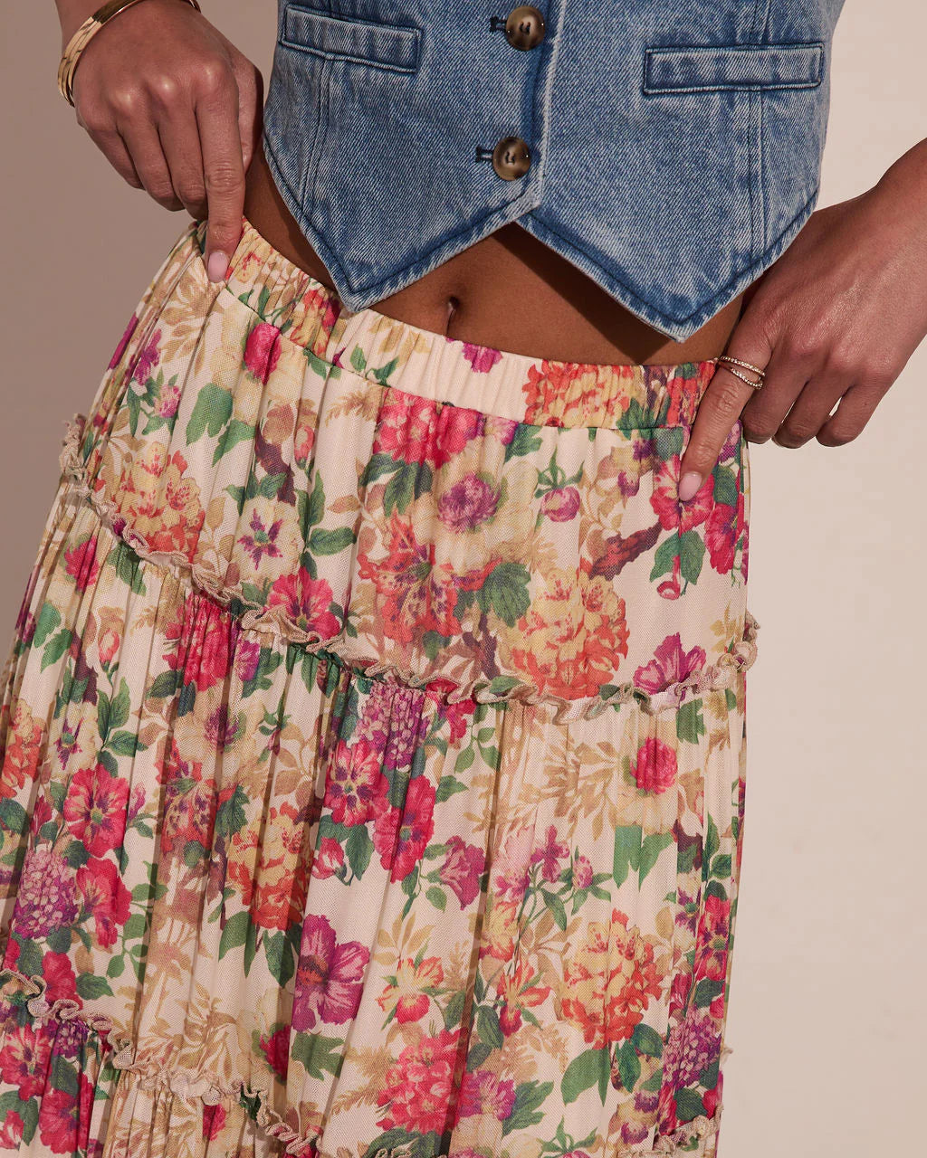 Honey Daze Tiered Floral Mesh Maxi Skirt