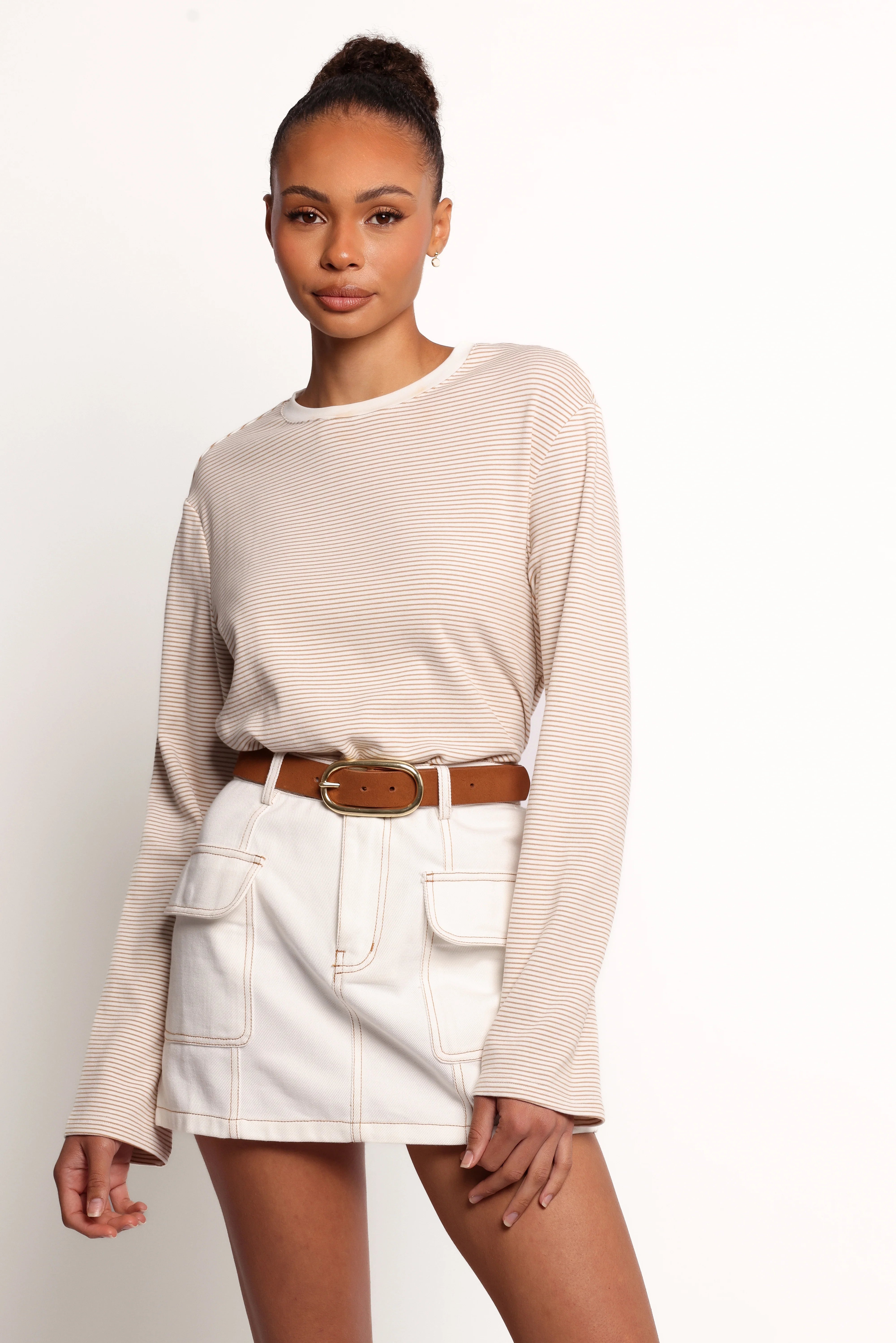 Ruva Long Sleeve Tee Beige White Stripe