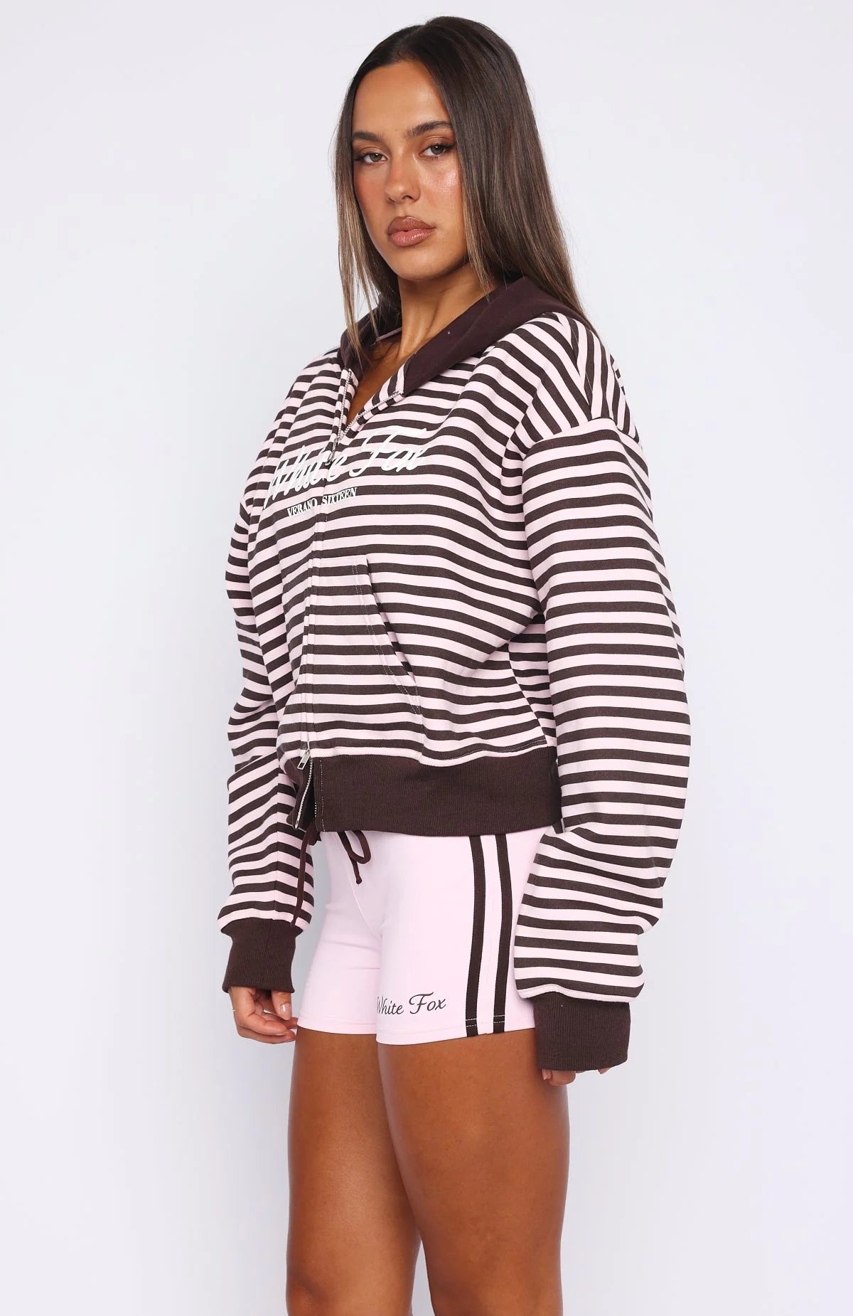 Verano Sixteen Maria Boxy Zip Front Hoodie Pink Choc Stripe