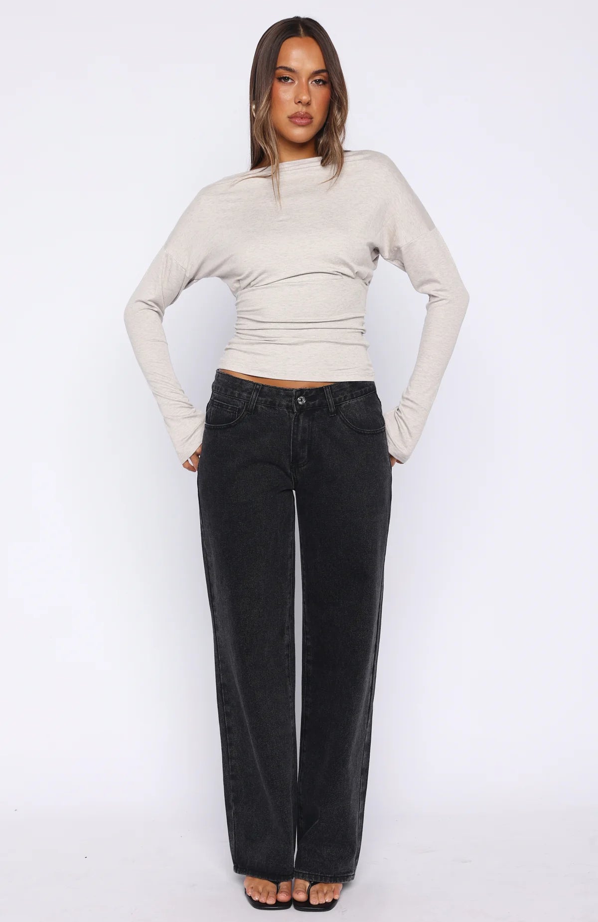 Another Time Cinched Waist Long Sleeve Top Light Grey Marle