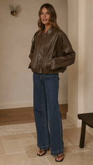 Leela Vegan Leather Bomber Jacket Brown