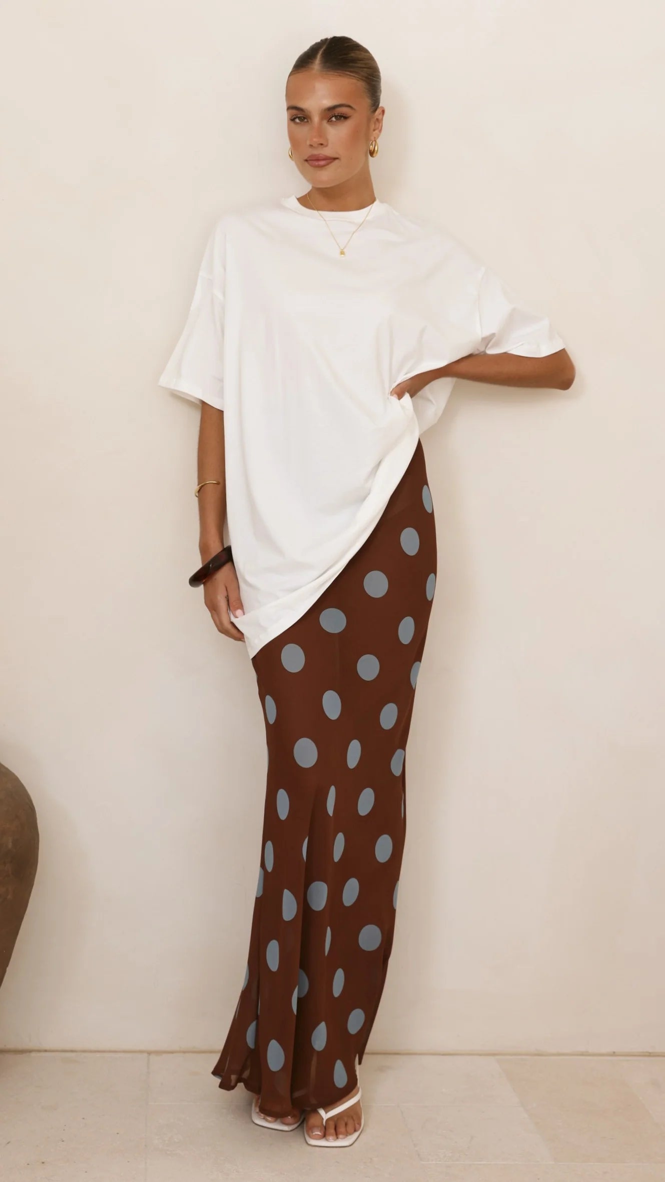 Yumi Oversized Tee and Sheer Skirt Set White Brown Blue Polka