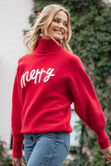 Merry Turtleneck Knit Sweater Red White