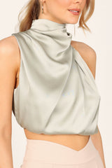 Arabella High Neck Drape Satin Top Olive