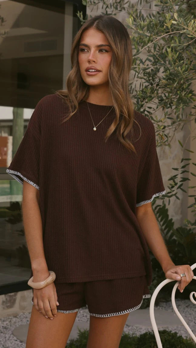 Zaide Knit T Shirt and Shorts Set Chocolate Blue
