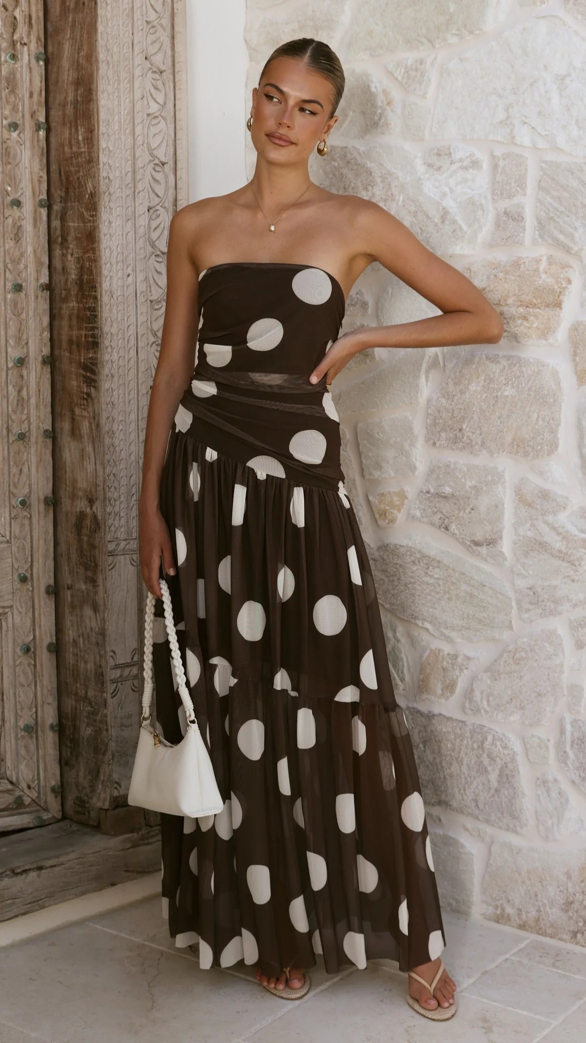 Riko Strapless Maxi Dress Chocolate Macro Polka