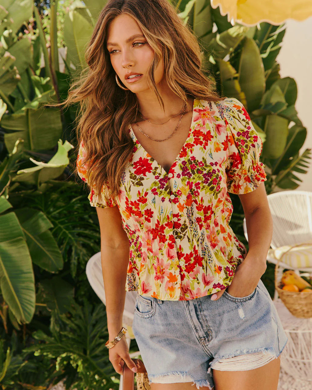 Orchard Glow Floral Cinched Waist Top