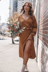 Nova Wrap Knit Midi Dress Camel
