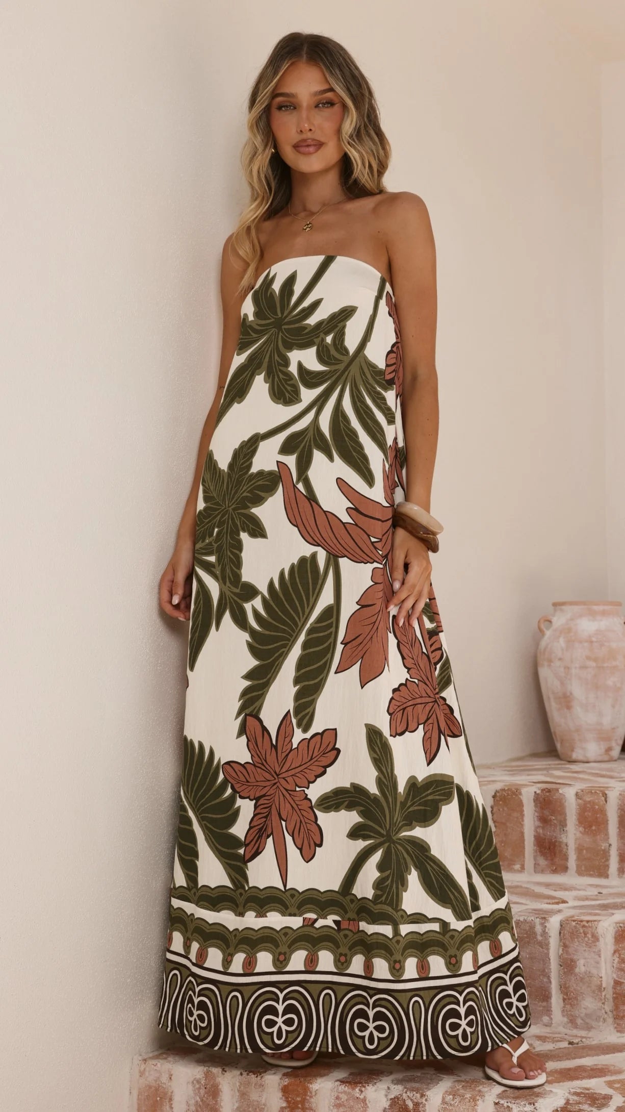 Connie Maxi Dress Green Beige Palm