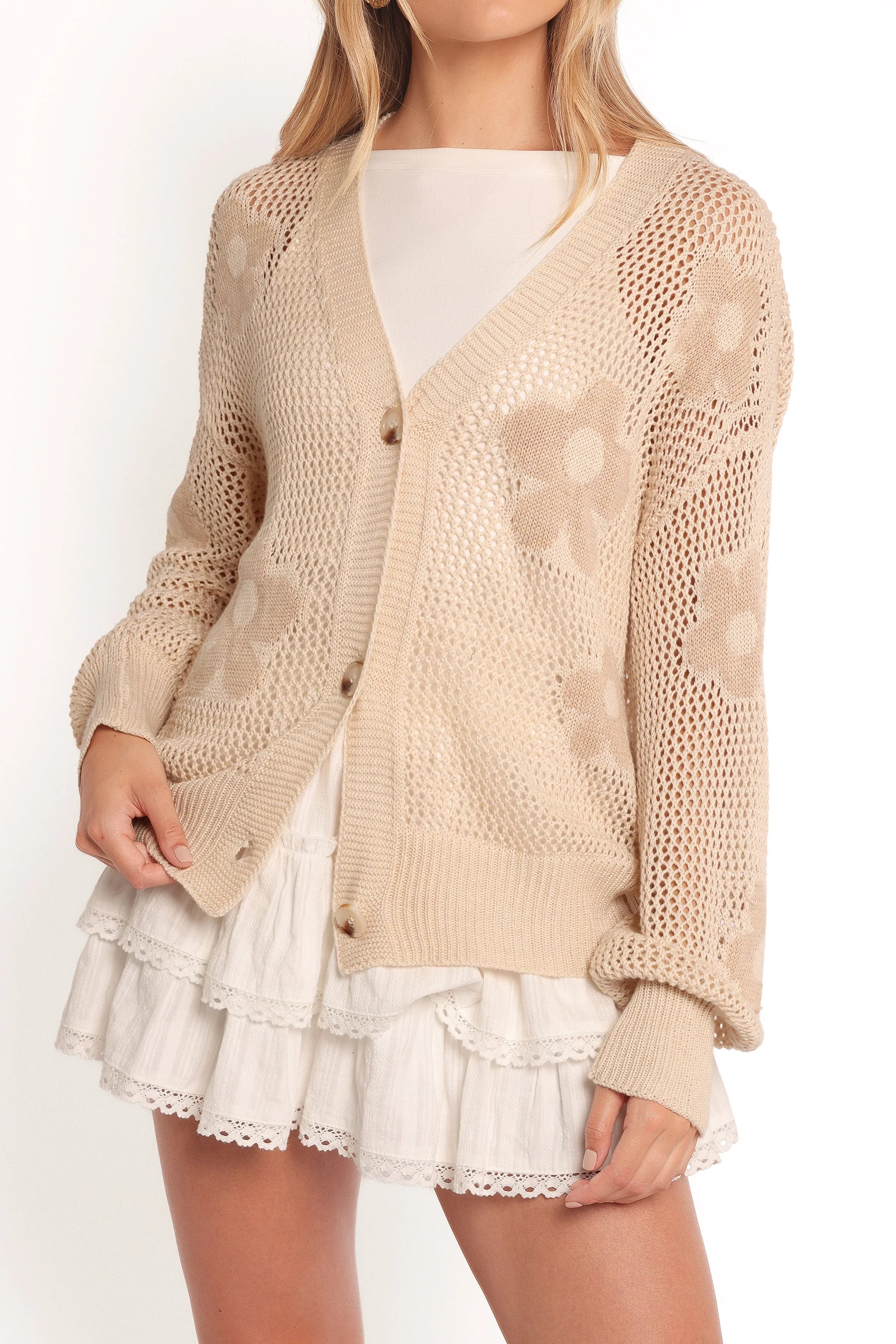 Winslow Open Knit Flower Cardigan Tan